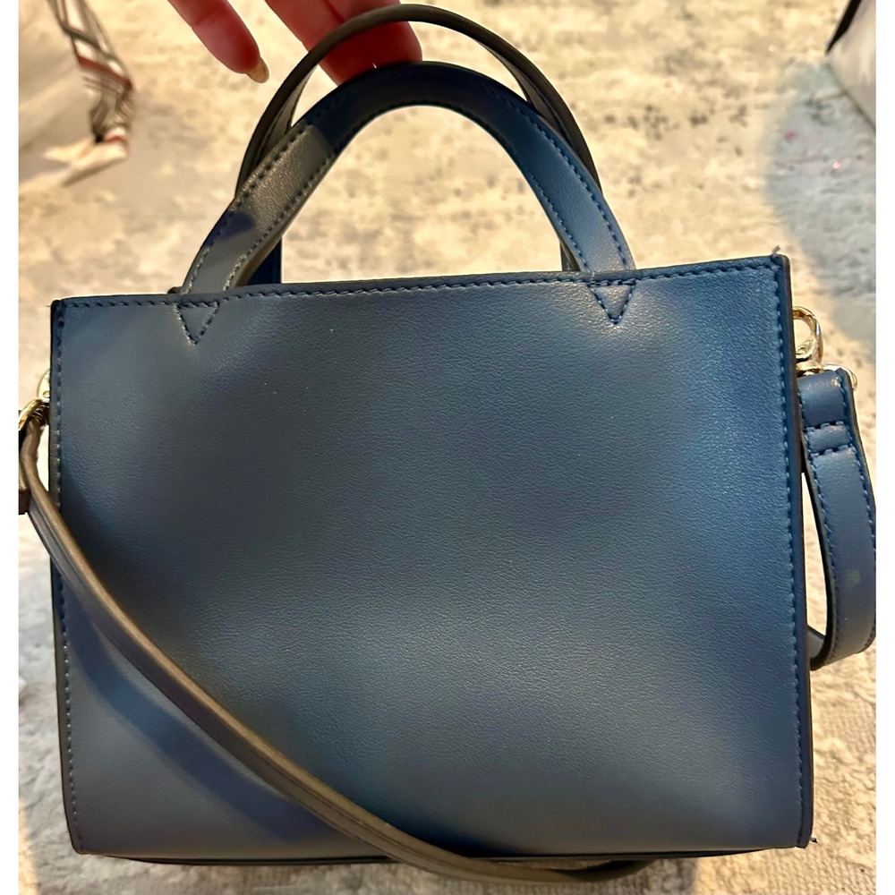 Nanette Lepore Slate Blue Small Satchel Crossbody Handbag Gold Hardware Pocket - Picture 4 of 9